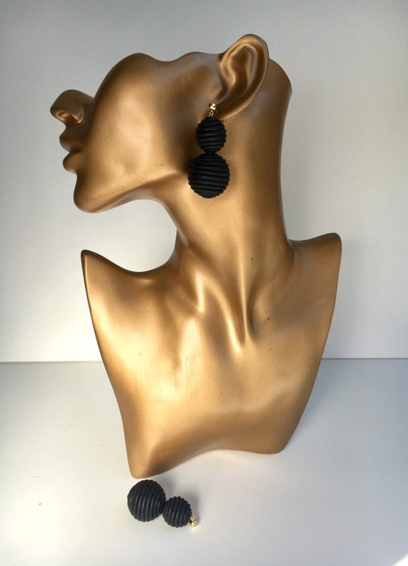 Oversize earring geo Black double balls earring golden studs Statement round hollow inside catching coiled coil Rockabilly chunky cluster