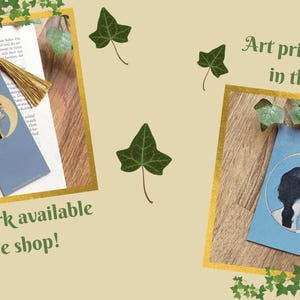 May include: A light blue bookmark with a woman's silhouette in front of a crescent moon, and a gold tassel. The image also shows an art print with the same design. Text reads "Bookmark available in the shop!" and "Art print available in the shop!"