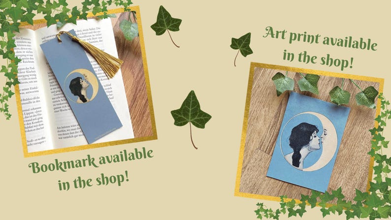 May include: A light blue bookmark with a woman's silhouette in front of a crescent moon, and a gold tassel. The image also shows an art print with the same design. Text reads "Bookmark available in the shop!" and "Art print available in the shop!"