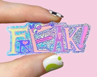1980s FREAK! Holographic Glitter Sticker, Vintage Cartoon Text Decal, Whimsy Pixie Dust Decal, Weirdo Misfit Stickers