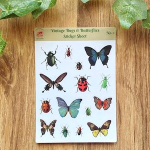 Könnte beinhalten: Ein Stickerbogen mit Vintage-Illustrationen von Käfern und Schmetterlingen. Der Bogen zeigt detaillierte Bilder von Käfern, Schmetterlingen und anderen Insekten in verschiedenen Farben, darunter Grün, Rot und Blau. Der Text "Vintage Bugs & Butterflies Sticker Sheet" ist oben aufgedruckt.