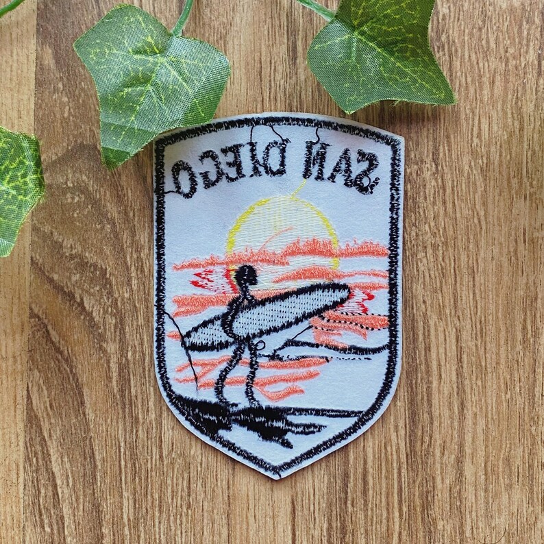Vintage San Diego Stryk-på-lapp, Kalifornien älskare gåva, överföringsmönster, surfing broderi lapp bild 2