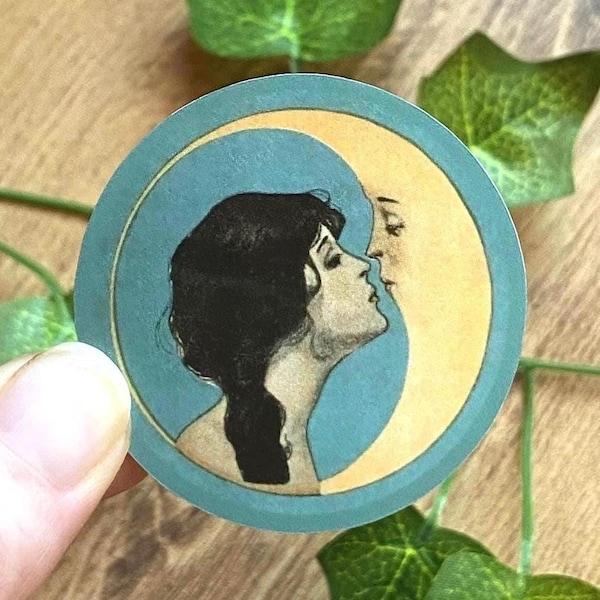 1920 Woman Kissing Moon Art Nouveau Vintage Sticker | Celestial Whimsigoth Decal | Dear Old Dixie Moon Sticker
