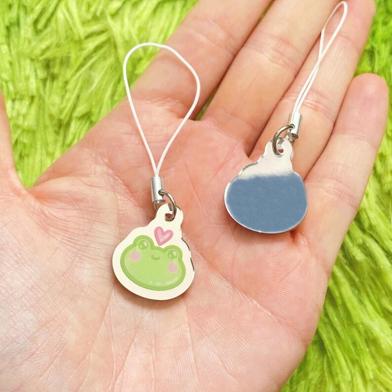 May include: Two small, decorative charms. One charm features a green frog with pink cheeks and a pink heart. The other charm is a blue, reflective shape. Both charms have a white string loop and silver-colored metal hardware.