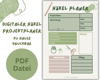PDF File: Digital Crochet Project Planner - Minimalist Green | German