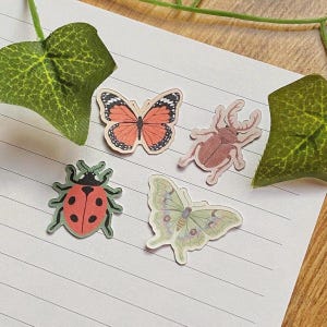May include: A collection of insect-themed stickers, including a butterfly with orange and black markings, a ladybug with red spots, a light green moth, and a brown beetle. The stickers are on lined paper with green leaf accents.