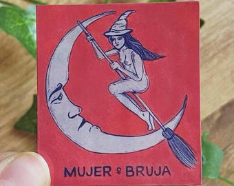 1900 Spanish Mujer Bruja Witch Riding Broom Moon Art Nouveau Vintage Sticker | Antique Celestial Whimsigoth Decal