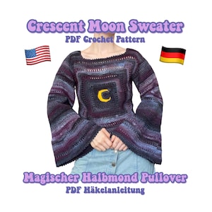 Könnte beinhalten: Ein Häkelpullover-Muster mit einem Halbmond-Design. Das Muster ist sowohl in Englisch als auch in Deutsch verfügbar. Der Pullover ist in einem lila und blauen Farbschema dargestellt.