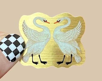 1900 Art Nouveau Swan Pair Decal, Antique Fine Art Decal, Gold Brushed Vinyl Sticker
