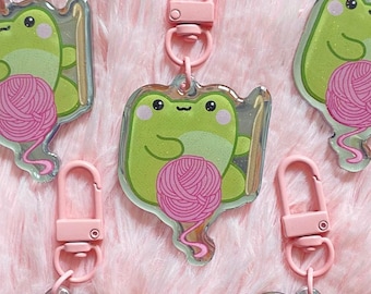 Kawaii Frog Glitter Keychain | Cute Acrylic Mirror Keychains | Crocheting Frog