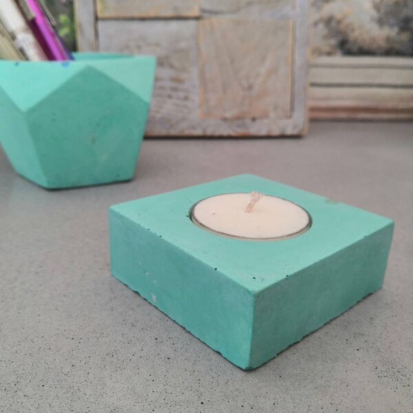 Handmade Concrete Set - Geometric Planter and Tealight Holder Set - Colourful Concrete - Vanity Table Set - Handmade Gift Set