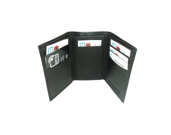 Men's Black Leather Tri Fold Wallet with Note & Card Slots. RFID Protection