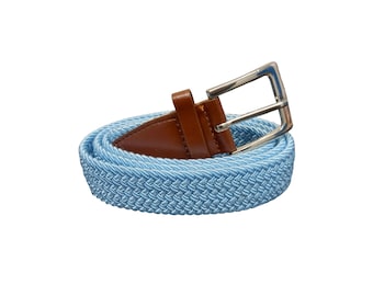 Elasticated Belt, Light Blue Stretchy Belts, Braided Belt, 1.25" Wide,