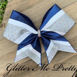 Team Cheer Bow Navy Silver White Glitter Rhinestone Cheer Customize Cheer Bow