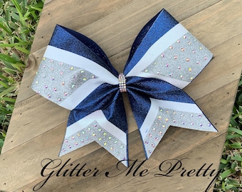Team Cheer Bow Navy Zilver Wit Glitter Strass Cheer Pas Cheer Bow aan
