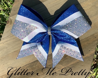 Team Cheer Bow Koningsblauw Zilver Wit Glitter Strass Cheer Pas Cheer Bow aan