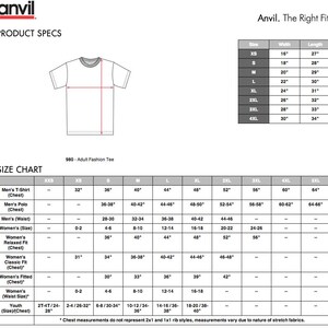 May include: Size chart for adult fashion tees, showing measurements in inches for chest, waist, and size. The chart includes sizes from XXS to 5XL.