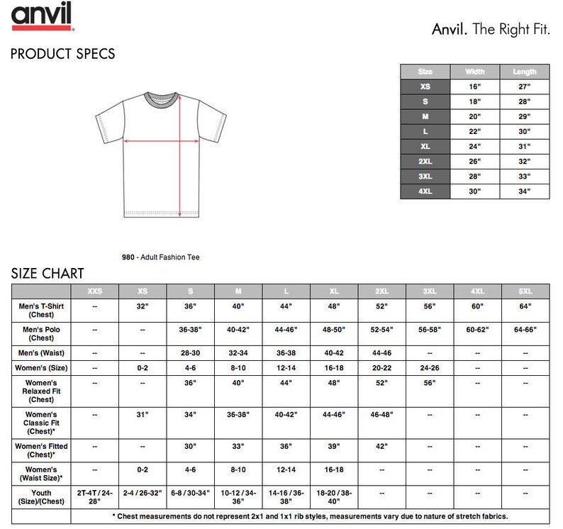 May include: Size chart for adult fashion tees, showing measurements in inches for chest, waist, and size. The chart includes sizes from XXS to 5XL.