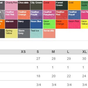 May include: A chart showing the finished measurements for a t-shirt in various sizes. The chart includes measurements for body length, body length tolerance, body width, and body width tolerance. The sizes listed are XS, S, M, L, XL, 2XL, and 3XL. The measurements are in inches.