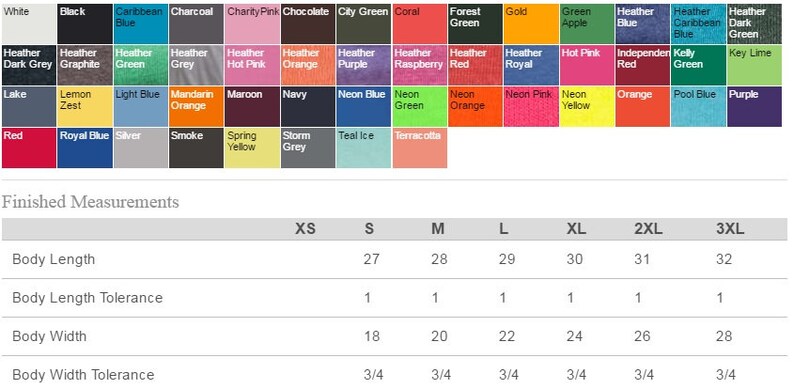 May include: A chart showing the finished measurements for a t-shirt in various sizes. The chart includes measurements for body length, body length tolerance, body width, and body width tolerance. The sizes listed are XS, S, M, L, XL, 2XL, and 3XL. The measurements are in inches.