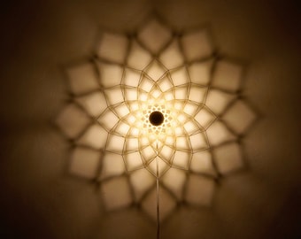 May include: A white geometric light fixture casts a patterned shadow on a wall. The light fixture is shaped like a flower with a central light source.