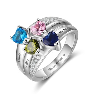 Birthstone Ring for Mom with 4 Names, 4 Birthstones, and 1 Phrase | Mothers Day Gift | Sterling Silver Custom Engraved Jewelry | P47