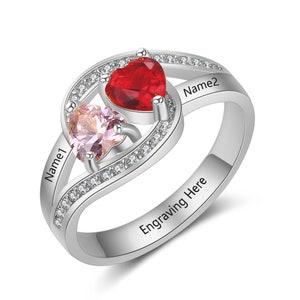 Birthstone Ring For Her Personalized with 2 Names, 2 Birthstones and 1 Phrase | Stone Ring  | Custom Engraved Jewelry | P6