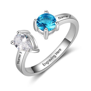 Open Ring with 2 Names, 2 Birthstones, and 1 Phrase | Best Friend Ring | Sister Ring | Mother Daughter Ring | Custom Engraved Jewelry | P5