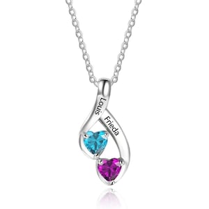 Birthstone Necklace Personalized with 2 Names and 2 Birthstones | Nameplate Necklace | Date Necklace | Sterling Silver | Q10