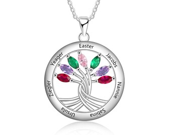 Family Necklace Personalized with 7 Engraved Names and 7 Custom Birthstones | Family Jewelry | Sterling Silver Necklace | Q36