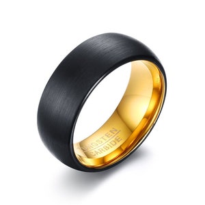 Black Tungsten Ring with Gold Interior | Mens Anniversary Gift | Personalized Wedding Ring for Him | Engraved Name Ring For Him | M9