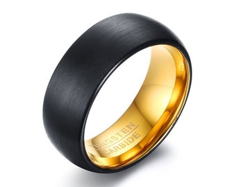 Black Tungsten Ring with Gold Interior | Mens Anniversary Gift | Personalized Wedding Ring for Him | Engraved Name Ring For Him | M19