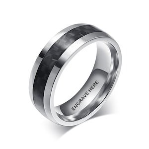 Personalized Mens Ring with Black Inlay | Custom Engraved Phrase | Mens Name Ring | Promise Ring For Him | Stainless Steel Jewelry | M3