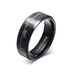 Personalized Mens Heartbeat Ring with Custom Engraved Phrase | Mens Life Ring | Black Tungsten Ring Jewelry | M8