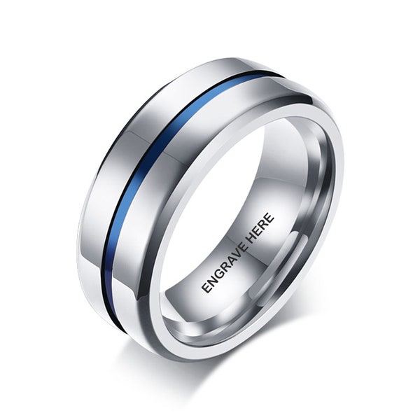 Custom Engraved Ring for Men with Blue Inlay Design | Mens Wedding Ring and Band | Mens Promise Ring | Stainless Steel Jewelry | M5