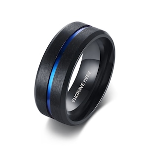 Mens Personalized Blue Inlay Ring | Custom Engraved Phrase | Mens Engraved Ring | Mens Wedding Band Ring | Stainless Steel Jewelry | M11