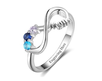 Mothers Infinity Ring Personalized with 3 Birthstones and 1 Phrase | Mother Ring | Custom Engraved Sterling Silver Jewelry | P22