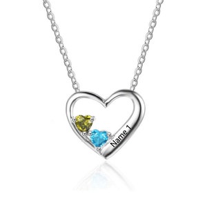 Heart Necklace Personalized with 1 Name and 2 Heart Birthstones | Promise Necklace | Girlfriend Necklace | Sterling Silver Necklace | Q17
