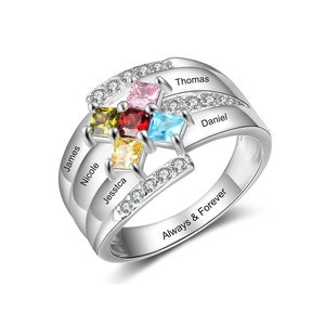 Personalized Five Stone Ring with Name and Phrase Engravings | Square Stone | Accented Ring | Family Birthstones | Mothers Ring P71