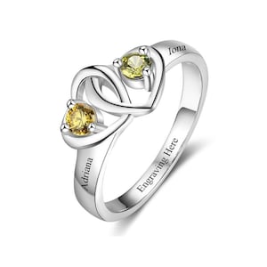 Personalized Double Heart Friendship Ring with 2 Names, 2 Birthstones, and 1 Phrase | Sister Ring | Best Friend Ring | Custom Engraved | P17