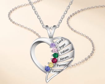 Personalized Family Necklace with 6 Names and 6 Birthstones, Sterling Silver Heart Grandma Necklace, Custom Gift for Nana Mom Her