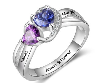 Personalized Accented Promise Ring with 2 Names, 2 Birthstones, and 1 Phrase | Couples Ring | Custom Engraved | P57