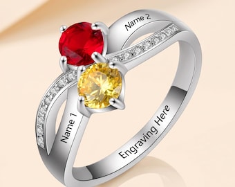 Personalized Promise Ring with 2 Birthstones and 2 Names, Engraved Couples Ring, Custom Name Ring, Anniversary Gift for Her Girlfriend