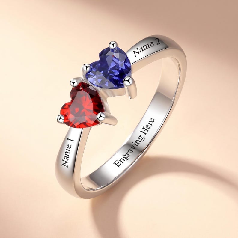 Two Heart Birthstone Ring Personalized with 2 Names and 1 Phrase | Promise Ring For Her | Double Birthstones | Custom Engraved Jewelry | P16 image 4