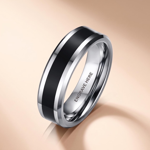 Personalized Black Inlay Tungsten Ring with Custom Engraved Phrase | Mens Wedding Band | Engraved Mens Ring | Promise Ring for Him | M10
