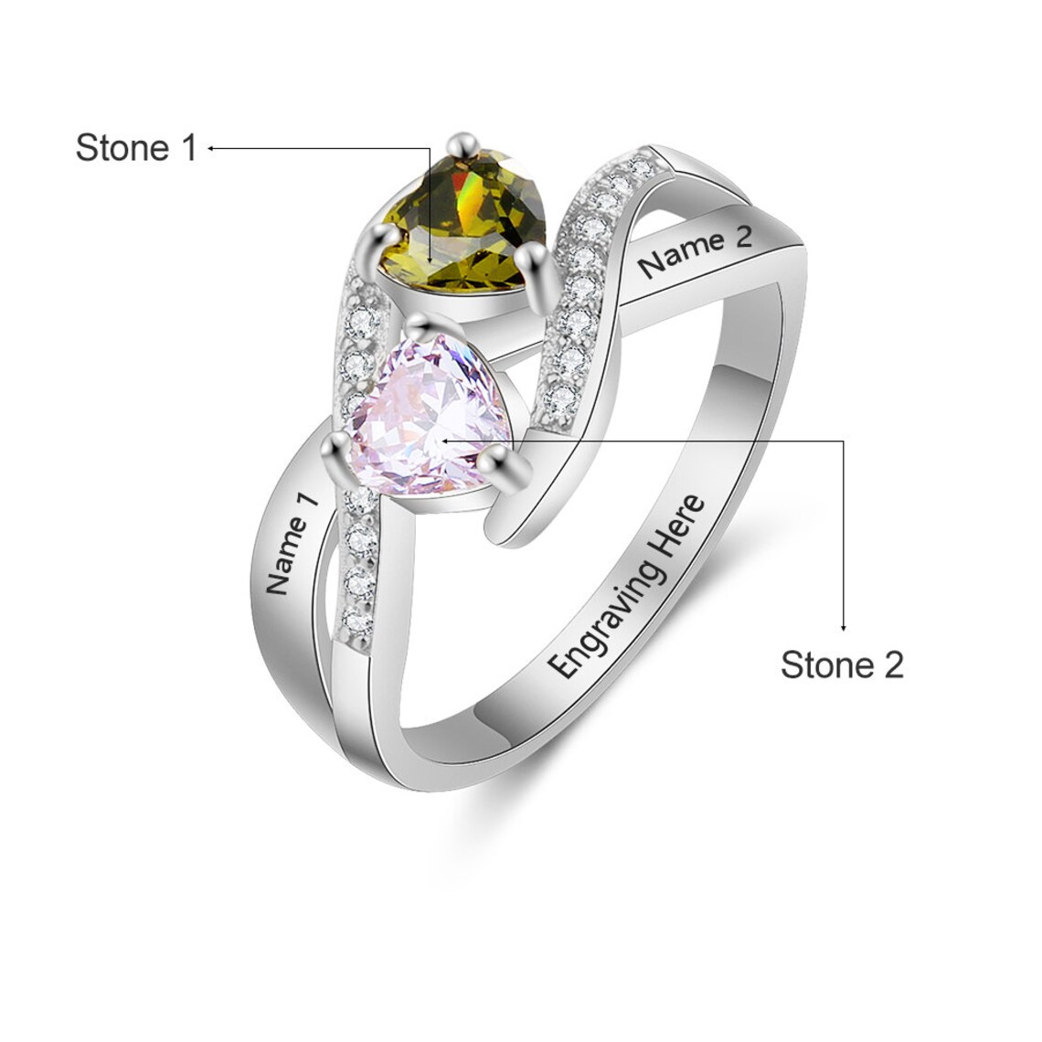 Personalized Birthstone Ring | Promise Ring for Her With 2 Names, 2 ...