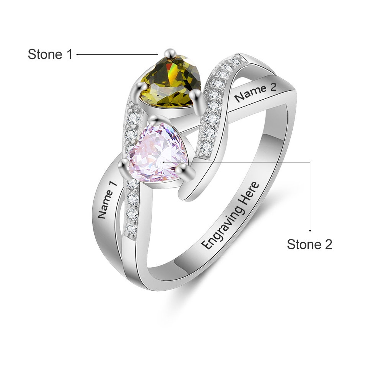 Personalized Promise Ring For Her with 2 Names 2 Birthstones Etsy