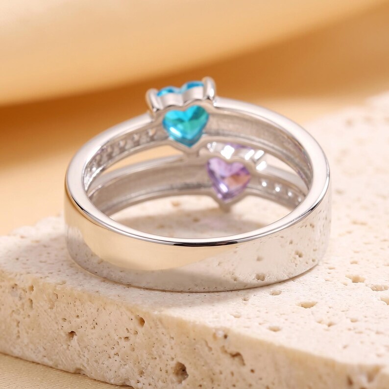 Promise Ring for Her with 2 Names and 2 Birthstones, Sterling Silver Double Band Ring with Pave Accents, Personalized Gift for Daughter image 5