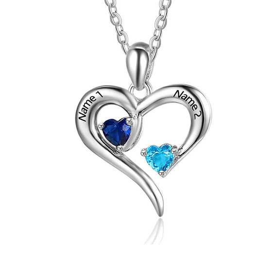 Heart necklace with two birthstones sale