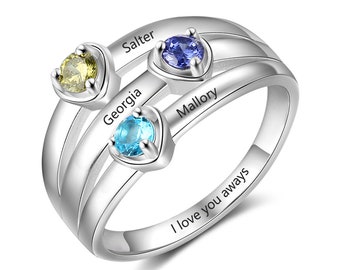 Mothers Birthstone Ring Personalized with 3 Names, 3 Birthstones, and 1 Phrase | Family Ring | Family Jewelry | P62